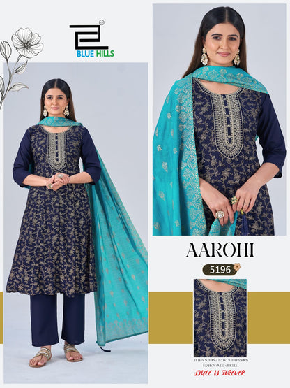 Aarohi Blue Hills Rayon Foil Readymade Anarkali Suits Wholesaler Ahmedabad