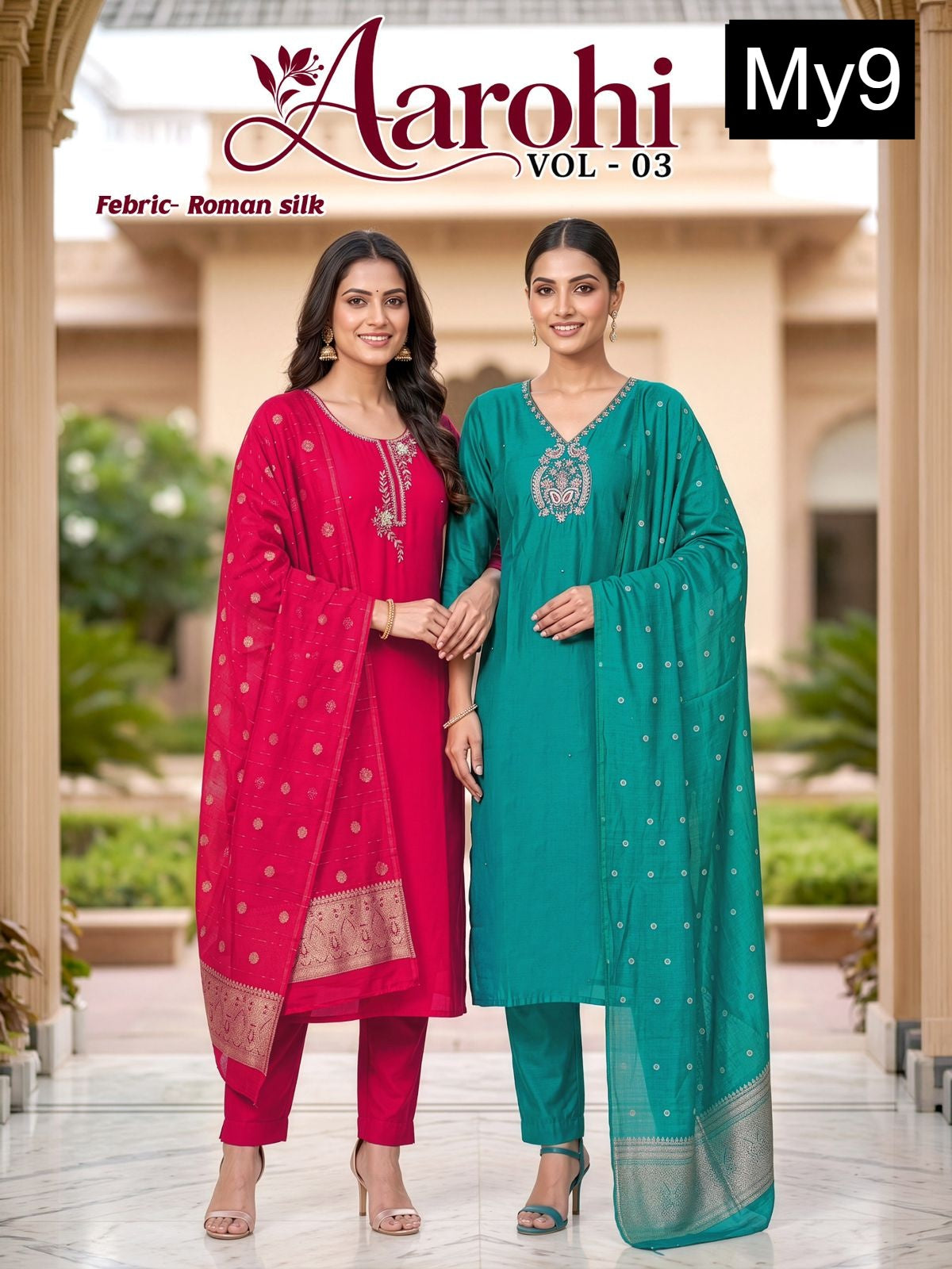 Aarohi Vol 3 My9 Roman Silk Readymade Pant Style Suits Wholesaler India