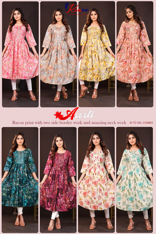Aarti Kiara Rayon Naira Cut Kurtis Wholesaler Ahmedabad