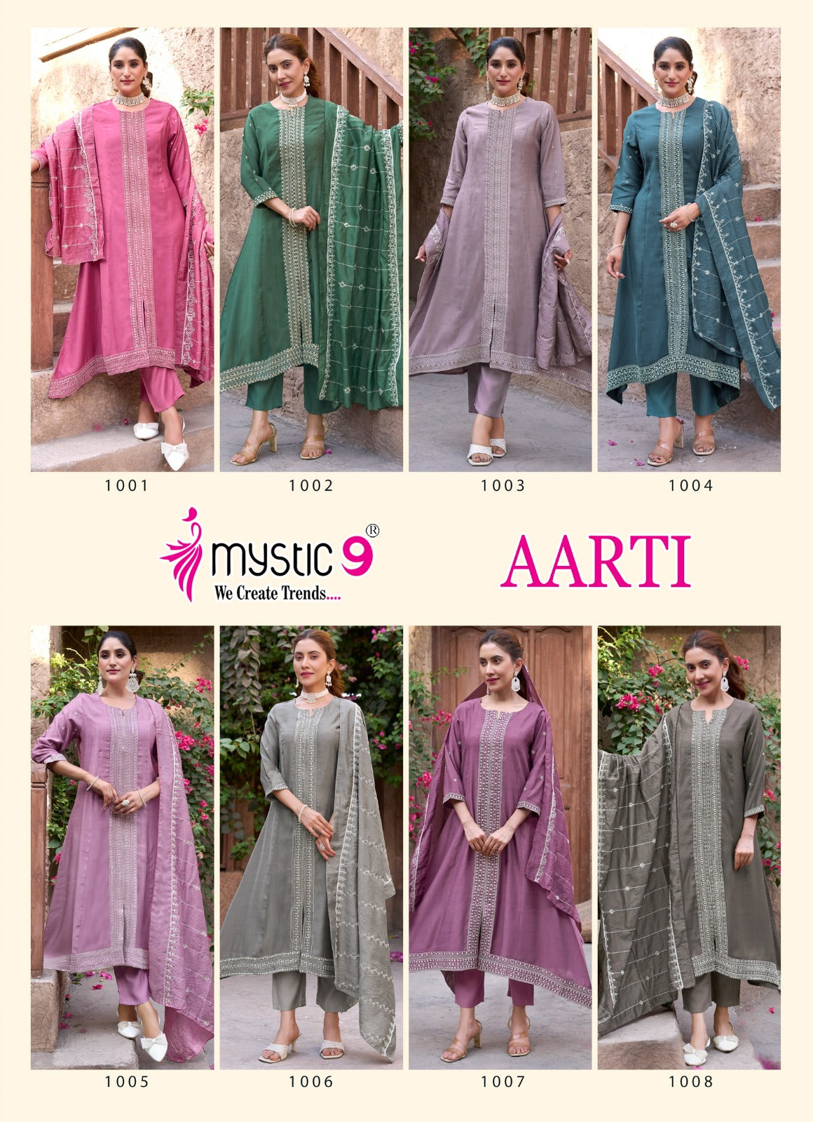 Aarti Vol 1 Mystic 9 Heavy Vertican Readymade Pant Style Suits Supplier Gujarat