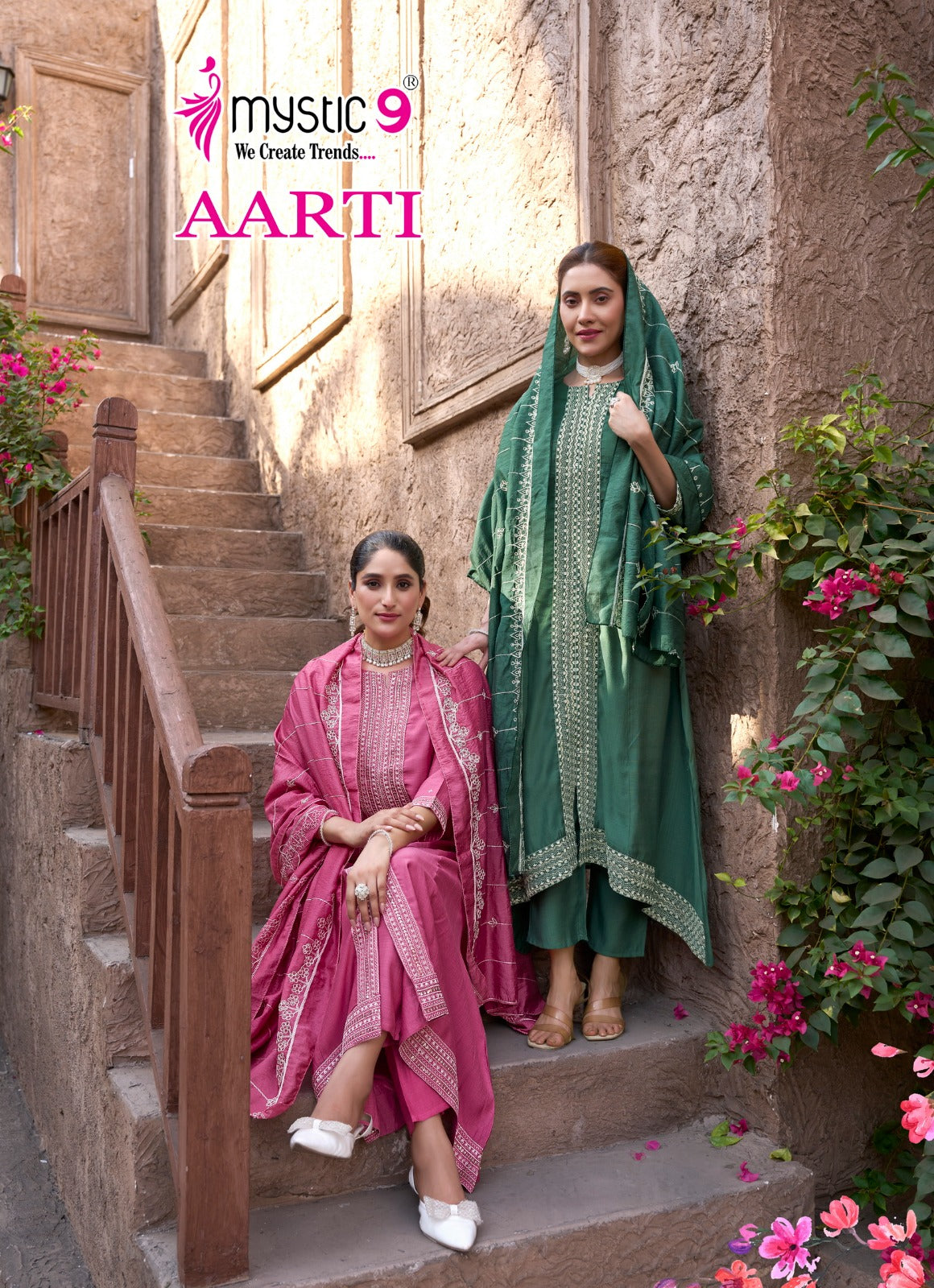 Aarti Vol 1 Mystic 9 Heavy Vertican Readymade Pant Style Suits Supplier Gujarat