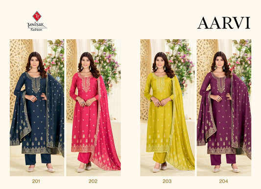 Aarvi Tanishk Fashion Muslin Jacquard Pant Style Suits Wholesaler