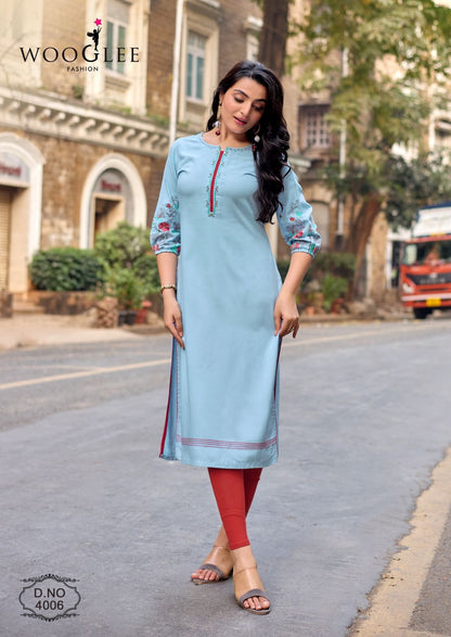 Aarvika Wooglee Rayon Long Straight Kurti Manufacturer India