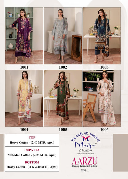 Aarzu Vol 1 Mishri Cotton Karachi Salwar Suits Manufacturer Ahmedabad