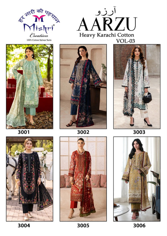 Aarzu Vol 3 Mishri Cotton Karachi Salwar Suits Supplier