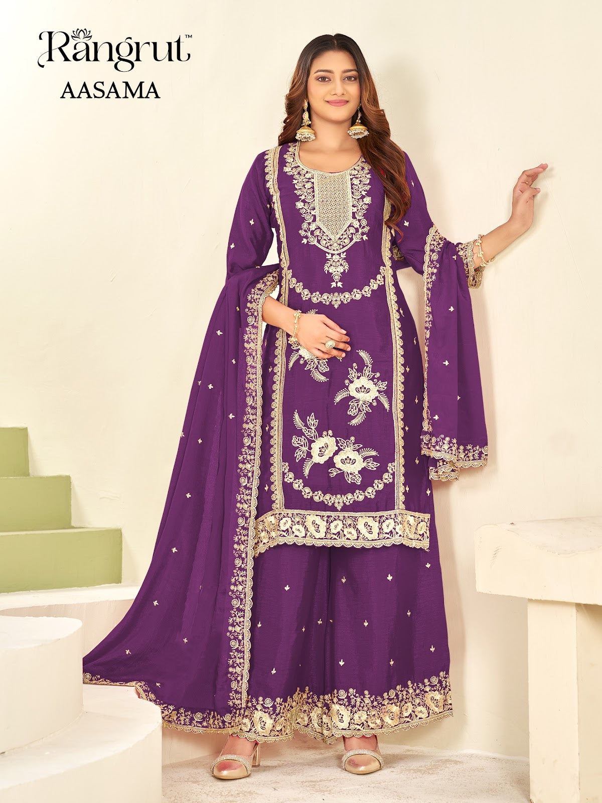 Aasama Rangrut Banwery Chinon Readymade Plazzo Style Suits Manufacturer Gujarat