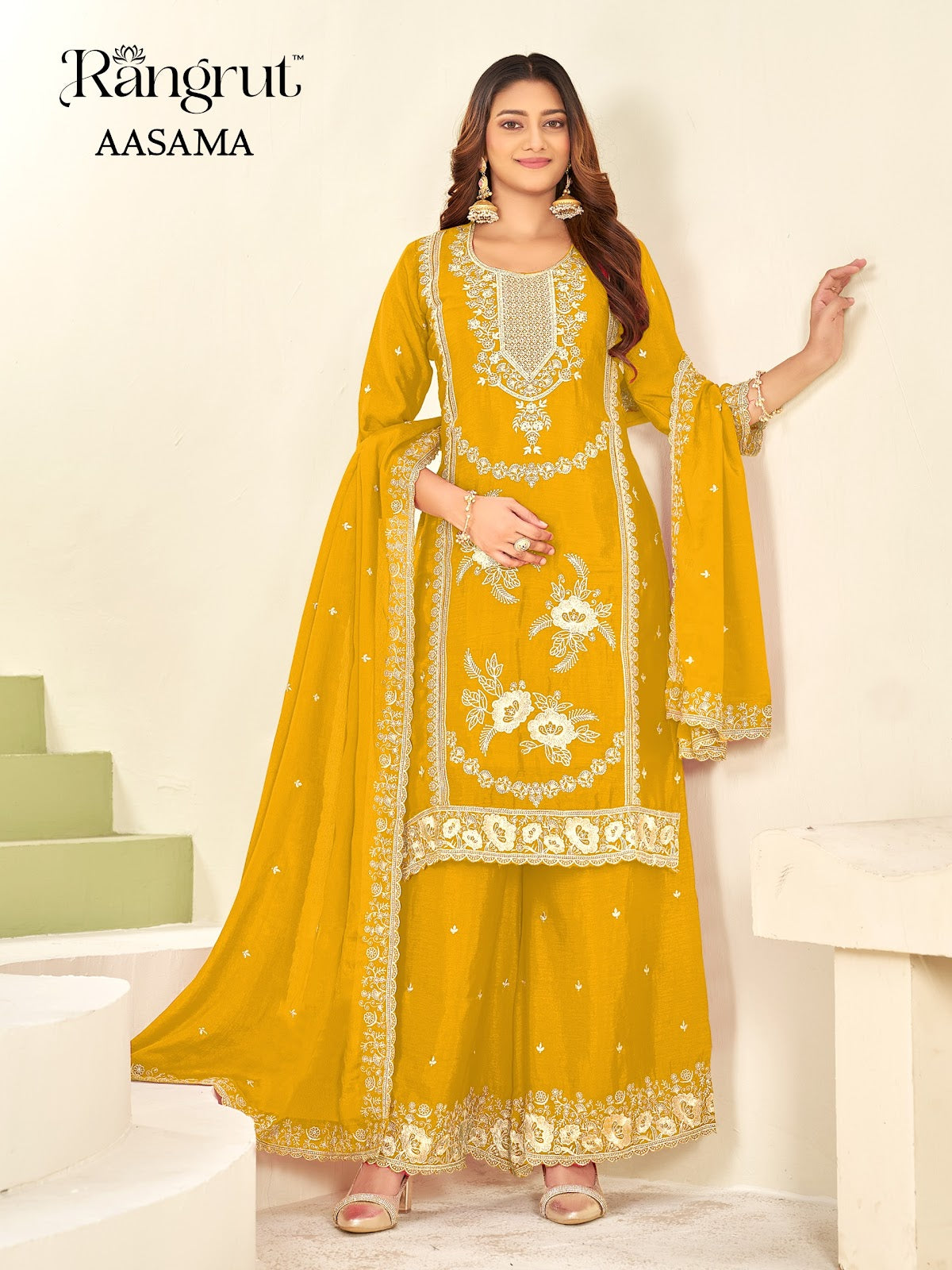 Aasama Rangrut Banwery Chinon Readymade Plazzo Style Suits Manufacturer Gujarat