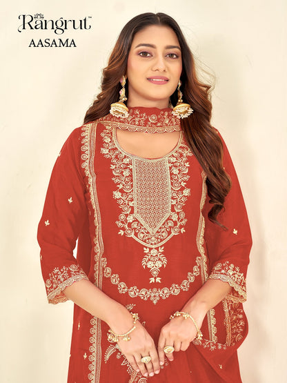 Aasama Rangrut Banwery Chinon Readymade Plazzo Style Suits Manufacturer Gujarat