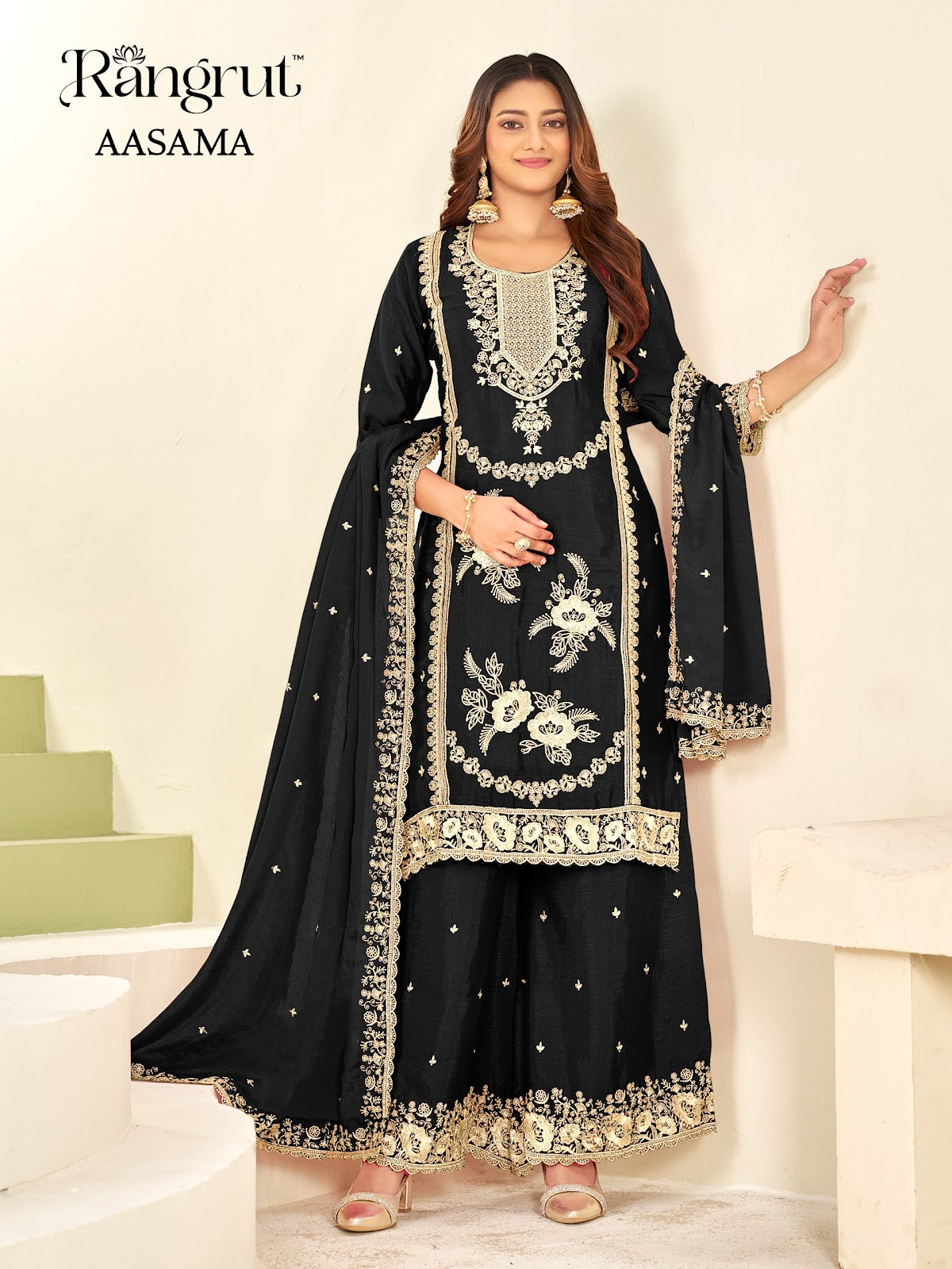 Aasama Rangrut Banwery Chinon Readymade Plazzo Style Suits Manufacturer Gujarat