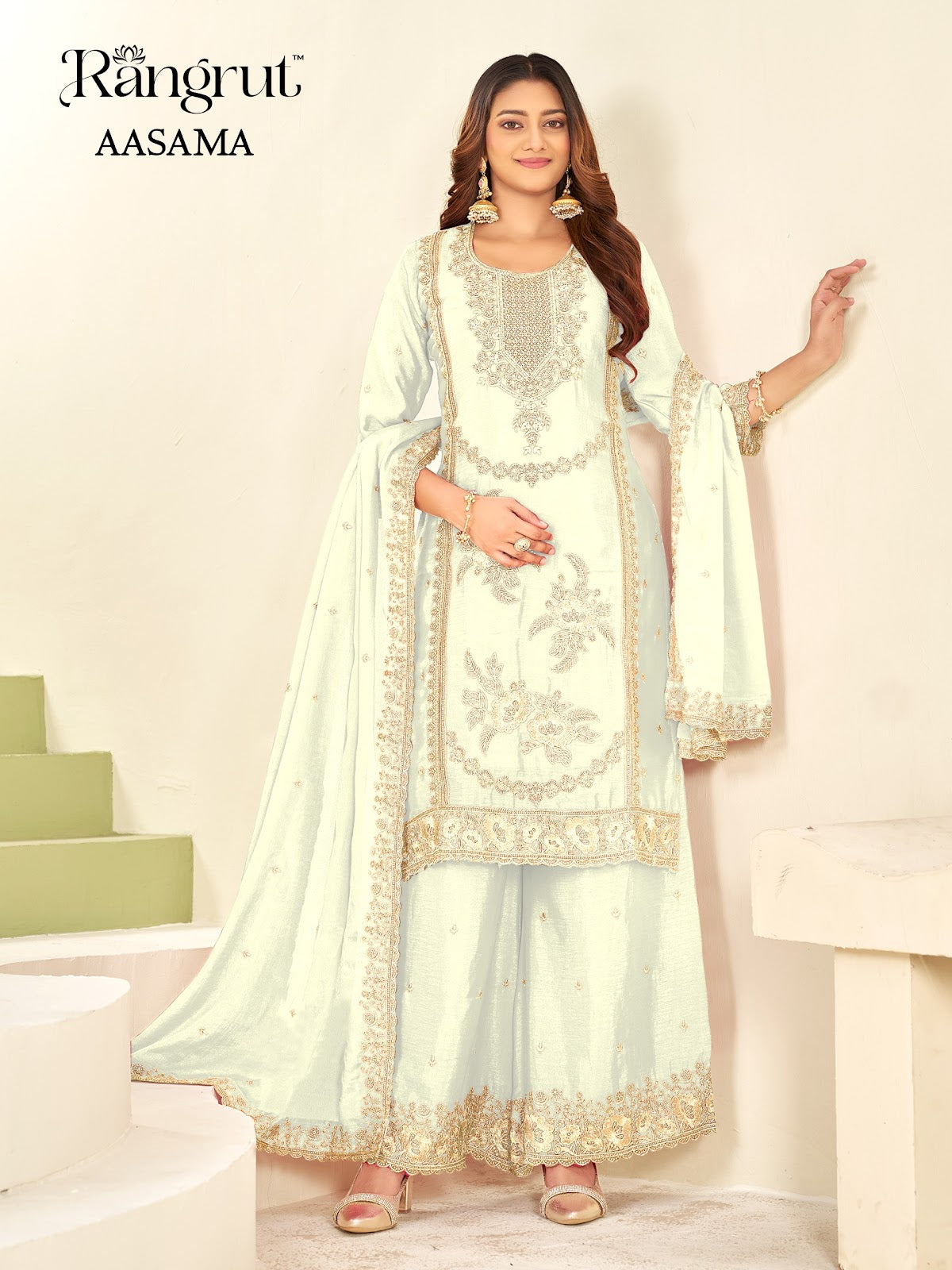 Aasama Rangrut Banwery Chinon Readymade Plazzo Style Suits Manufacturer Gujarat