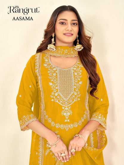 Aasama Rangrut Banwery Chinon Readymade Plazzo Style Suits Manufacturer Gujarat