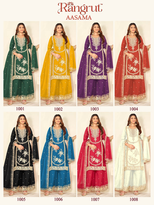 Aasama Rangrut Banwery Chinon Readymade Plazzo Style Suits Manufacturer Gujarat