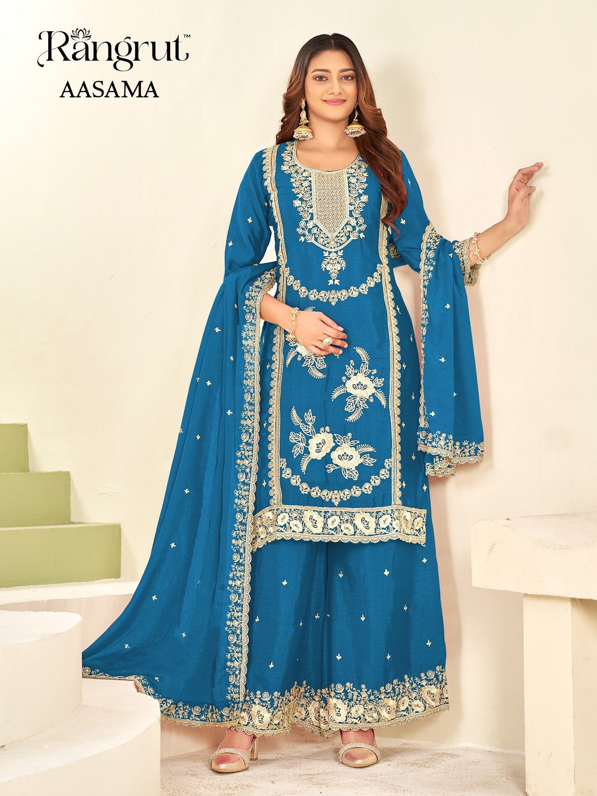 Aasama Rangrut Banwery Chinon Readymade Plazzo Style Suits Manufacturer Gujarat