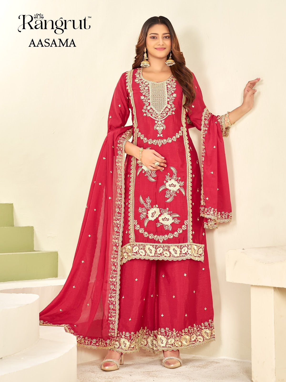 Aasama Rangrut Banwery Chinon Readymade Plazzo Style Suits Manufacturer Gujarat