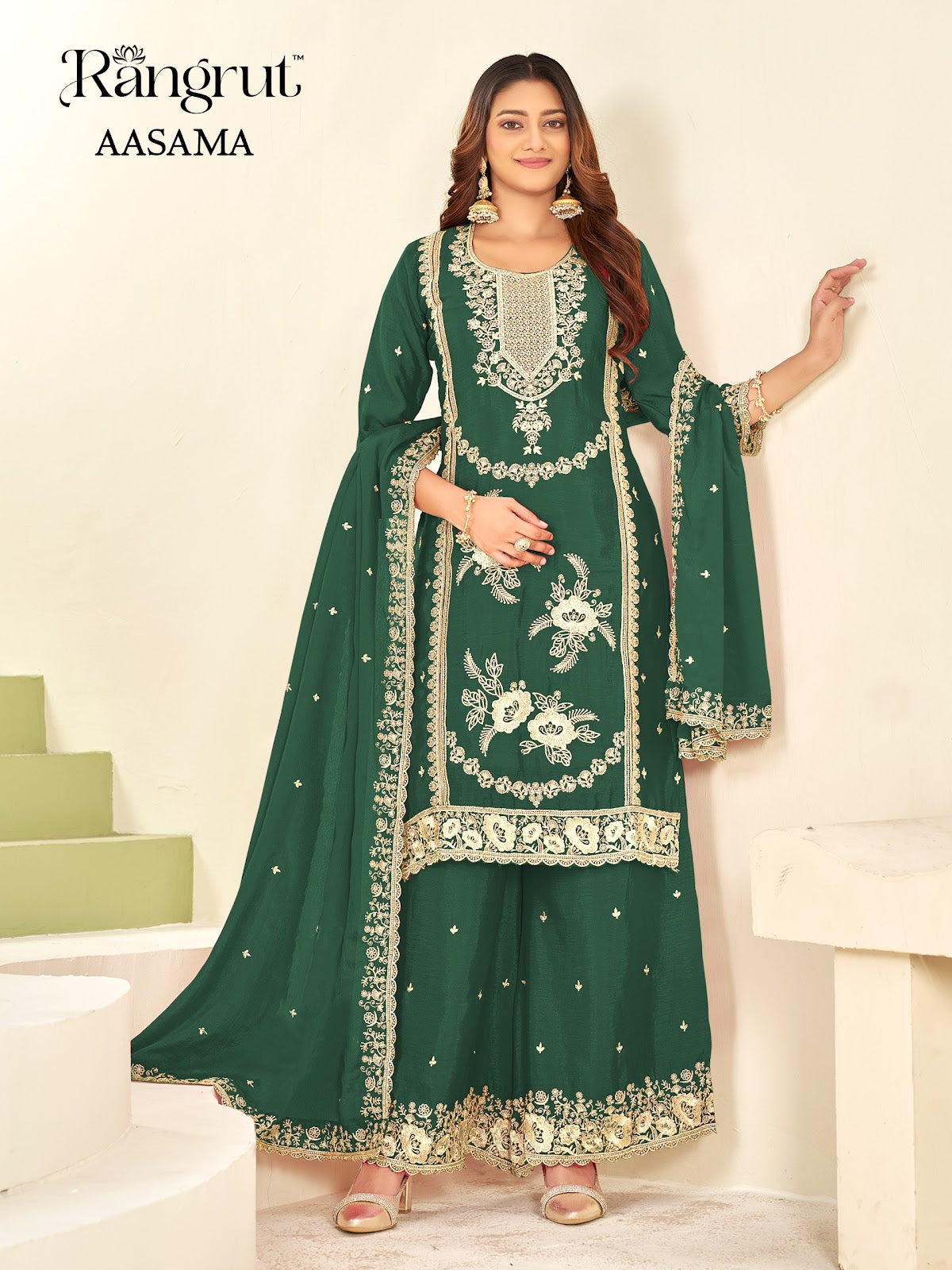 Aasama Rangrut Banwery Chinon Readymade Plazzo Style Suits Manufacturer Gujarat