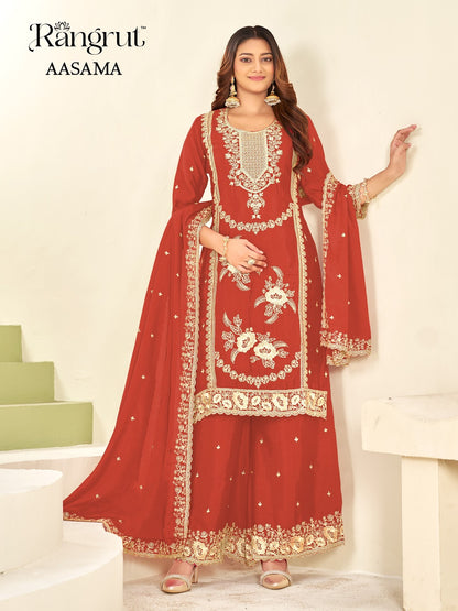 Aasama Rangrut Banwery Chinon Readymade Plazzo Style Suits Manufacturer Gujarat
