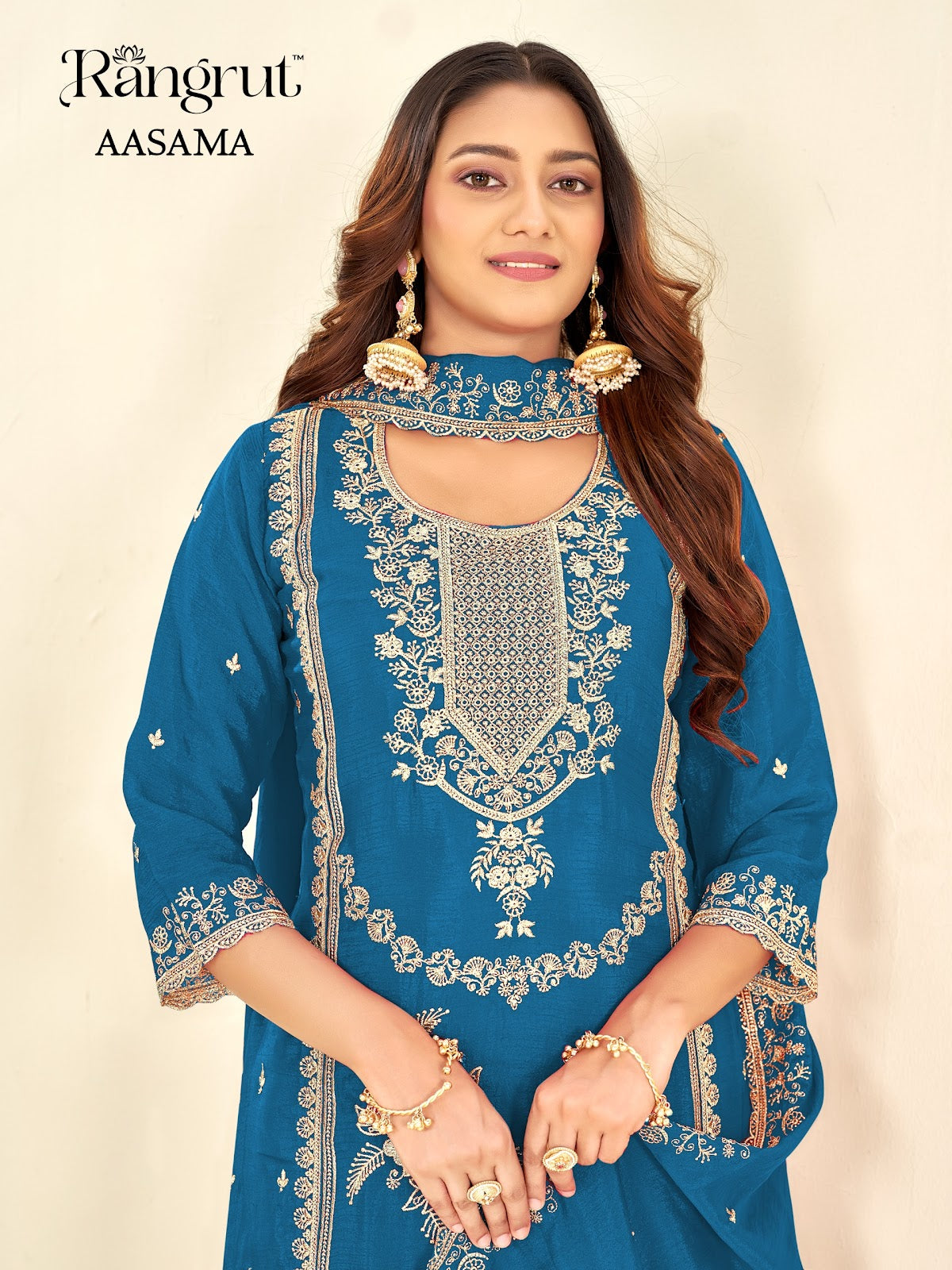 Aasama Rangrut Banwery Chinon Readymade Plazzo Style Suits Manufacturer Gujarat