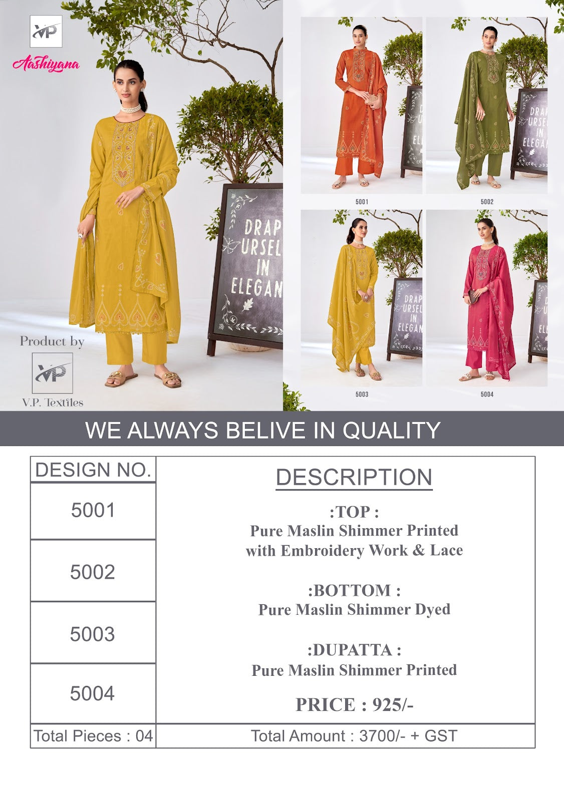 Aashiyana Vp Brand Maslin Shimmer Pant Style Suits Manufacturer Gujarat
