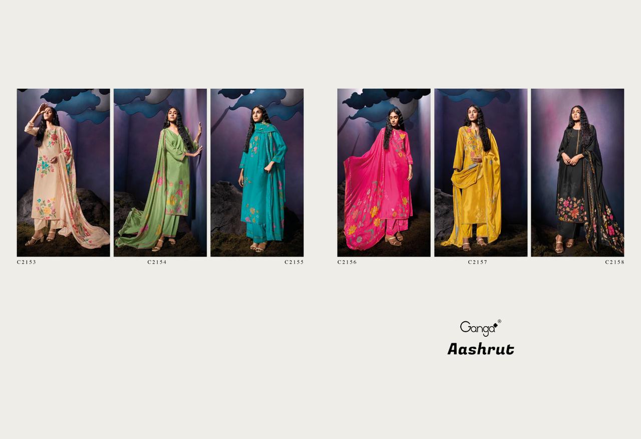 Aashrut C2153-C2158 Ganga Russian Silk Plazzo Style Suits Supplier Gujarat