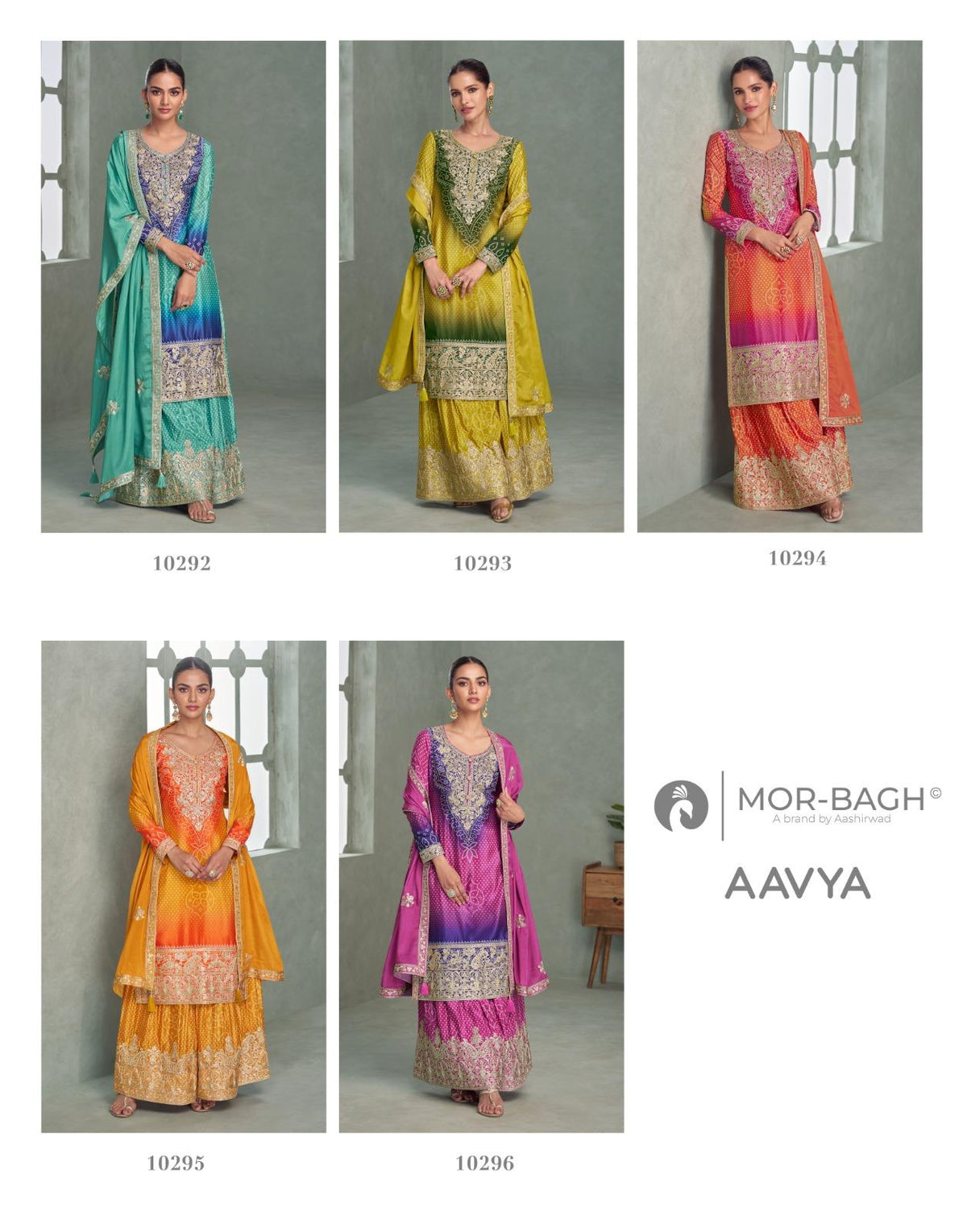 Aavya Mor Bagh Aashirwad Creation Chinnon Silk Readymade Plazzo Style Suits Manufacturer Gujarat