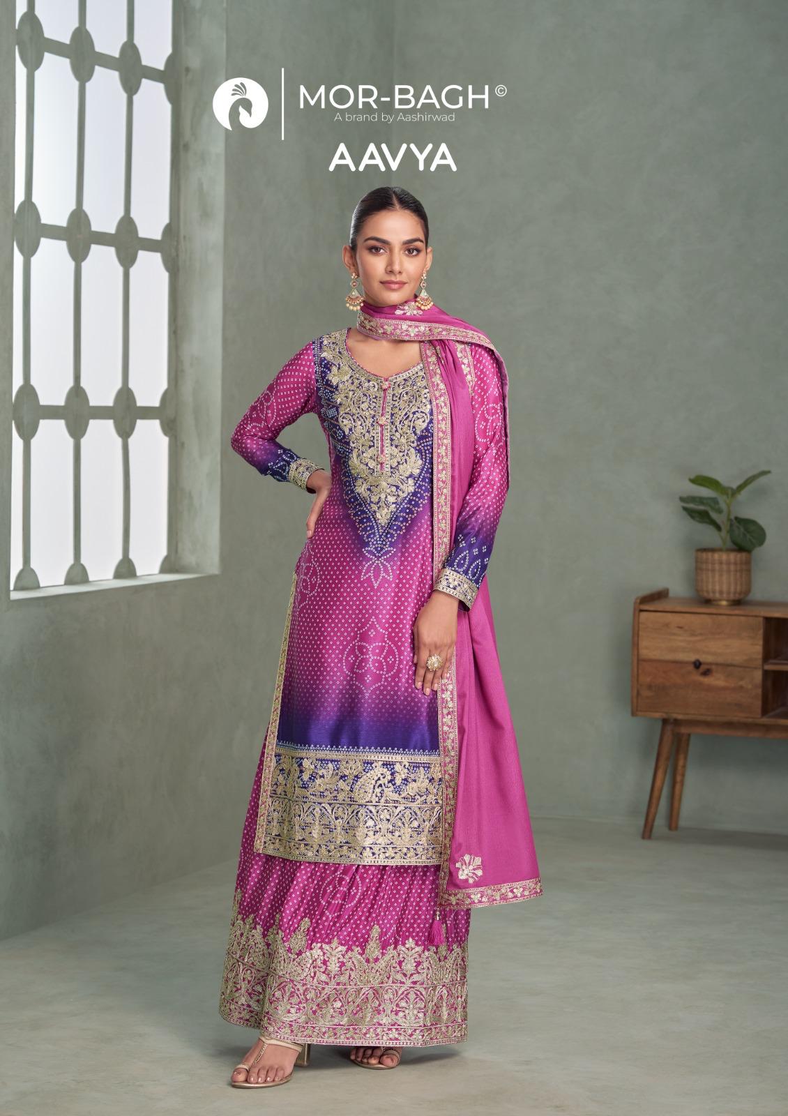 Aavya Mor Bagh Aashirwad Creation Chinnon Silk Readymade Plazzo Style Suits Manufacturer Gujarat