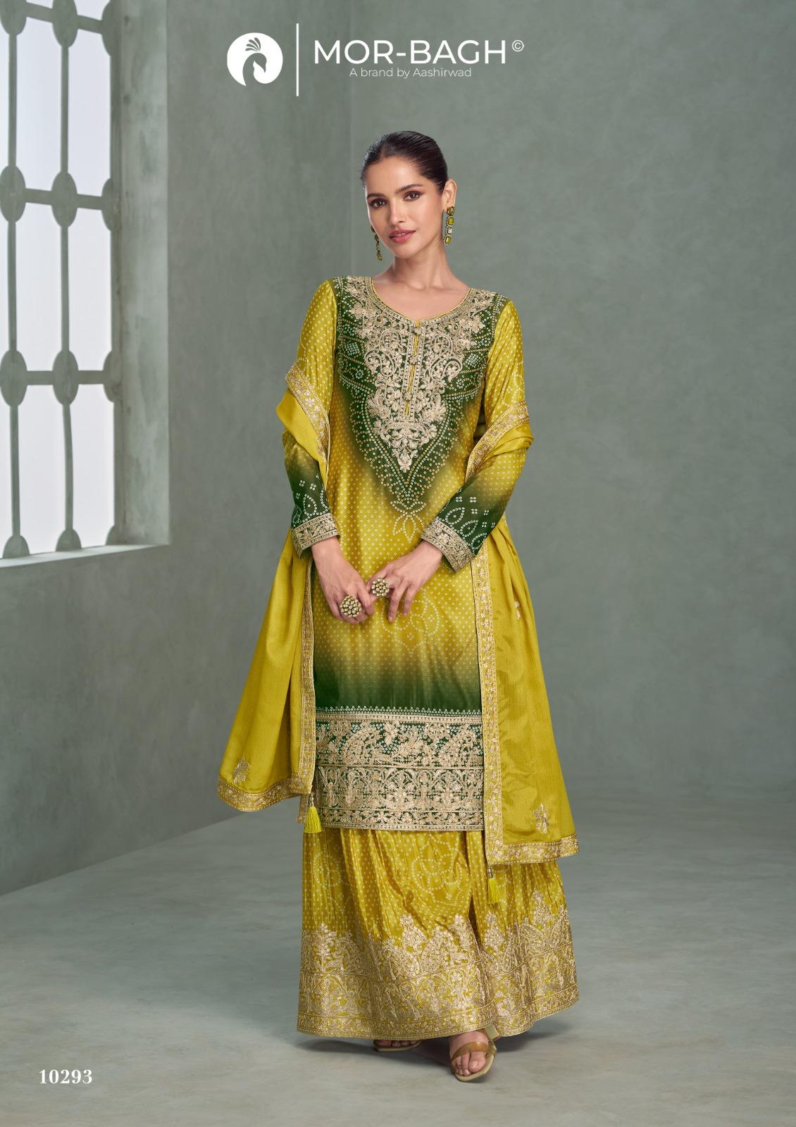 Aavya Mor Bagh Aashirwad Creation Chinnon Silk Readymade Plazzo Style Suits Manufacturer Gujarat