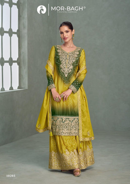 Aavya Mor Bagh Aashirwad Creation Chinnon Silk Readymade Plazzo Style Suits Manufacturer Gujarat