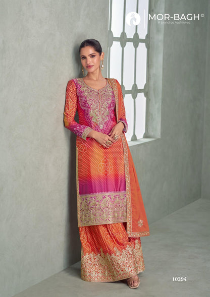 Aavya Mor Bagh Aashirwad Creation Chinnon Silk Readymade Plazzo Style Suits Manufacturer Gujarat
