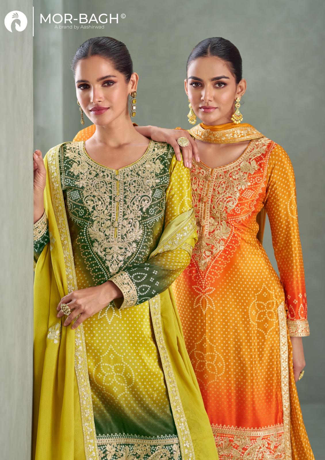 Aavya Mor Bagh Aashirwad Creation Chinnon Silk Readymade Plazzo Style Suits Manufacturer Gujarat