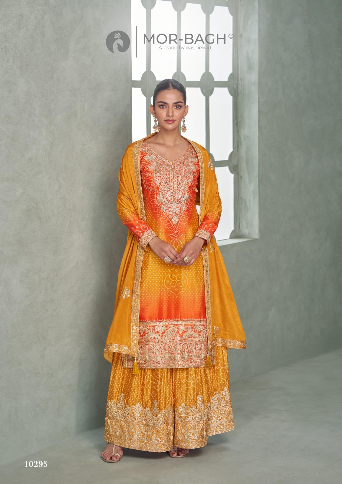 Aavya Mor Bagh Aashirwad Creation Chinnon Silk Readymade Plazzo Style Suits Manufacturer Gujarat