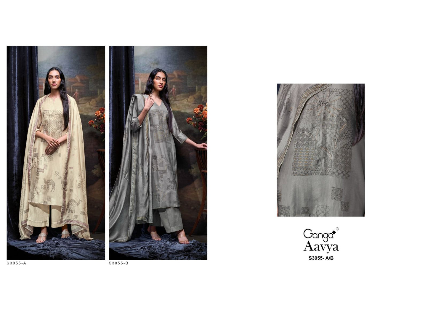 Aavya S3055 Ab Ganga Russian Silk Plazzo Style Suits Wholesaler Ahmedabad