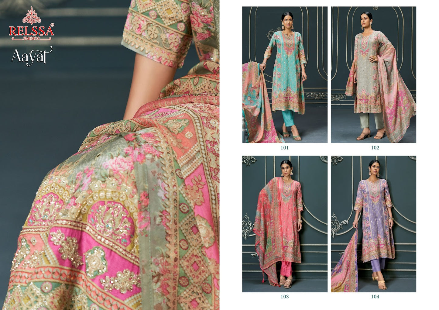 Aayat Relssa Fabrics Organza Silk Karachi Salwar Suits Supplier Gujarat