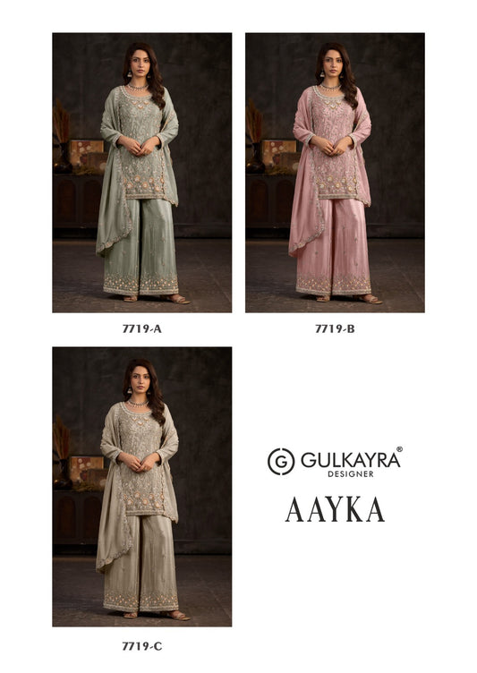 Aayka Gulkayra Designer Chinon Readymade Plazzo Style Suits Supplier India
