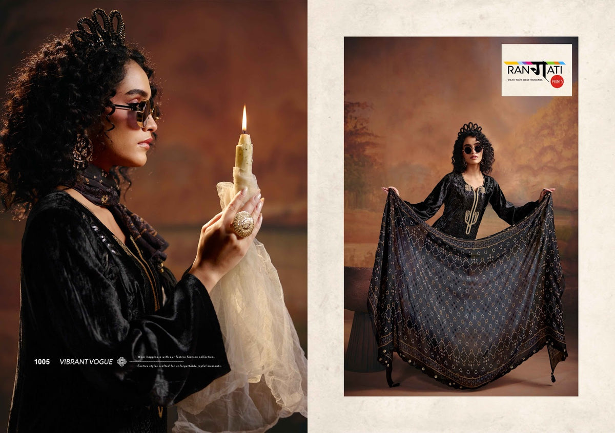 Adaa Rangati Prints Plush Velvet Suits Exporter India