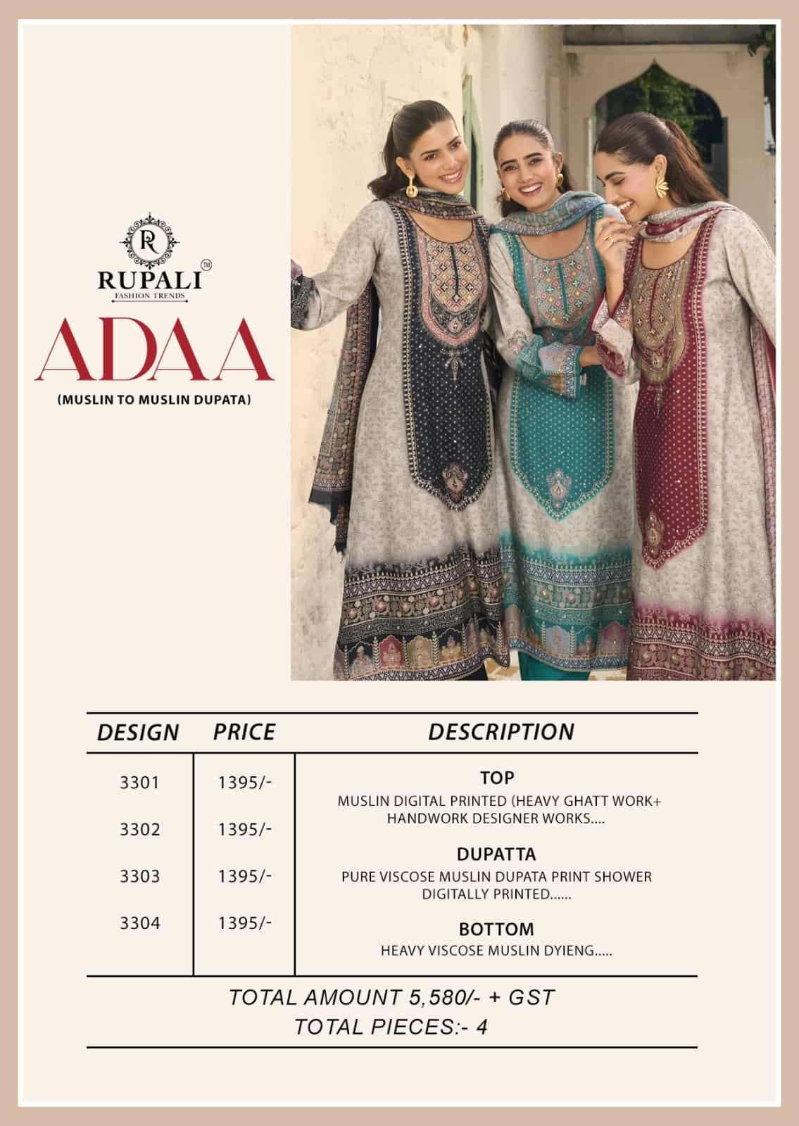 Adaa Rupali Muslin Pant Style Suits Supplier India