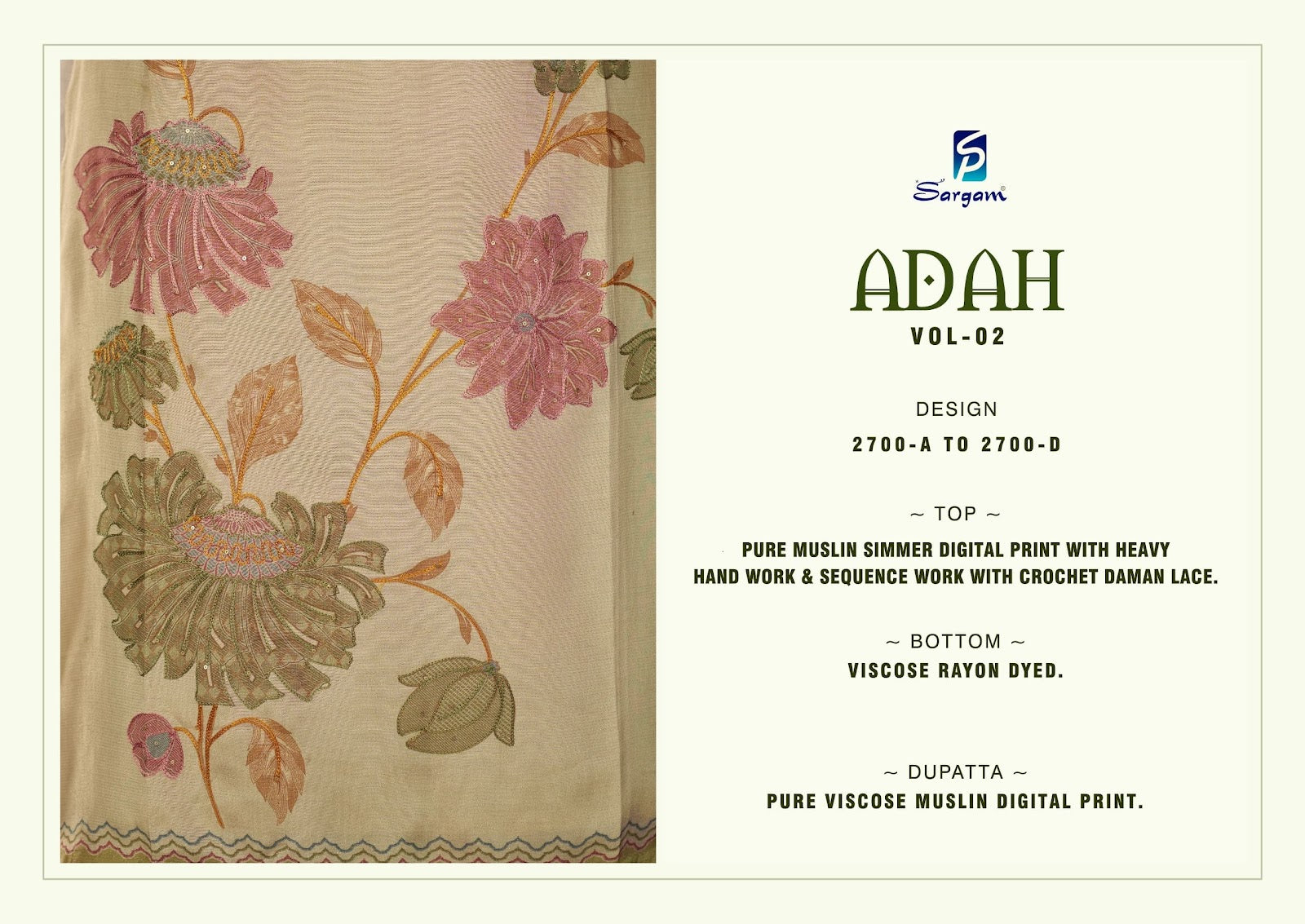 Adah Vol 2 Sargam Prints Pure Muslin Pant Style Suits Wholesale Price