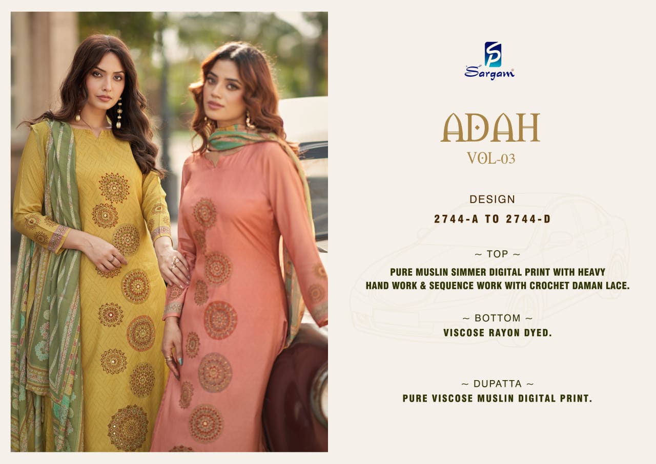Adah Vol 3 Sargam Prints Muslin Shimmer Pant Style Suits Wholesale Rate