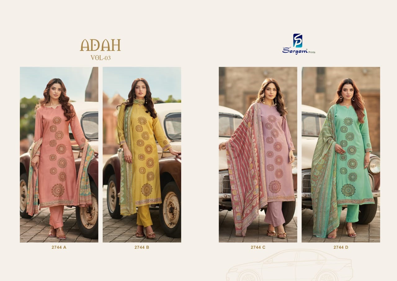 Adah Vol 3 Sargam Prints Muslin Shimmer Pant Style Suits Wholesale Rate