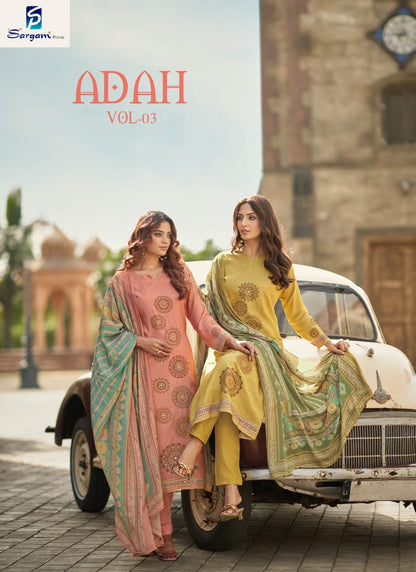 Adah Vol 3 Sargam Prints Muslin Shimmer Pant Style Suits Wholesale Rate
