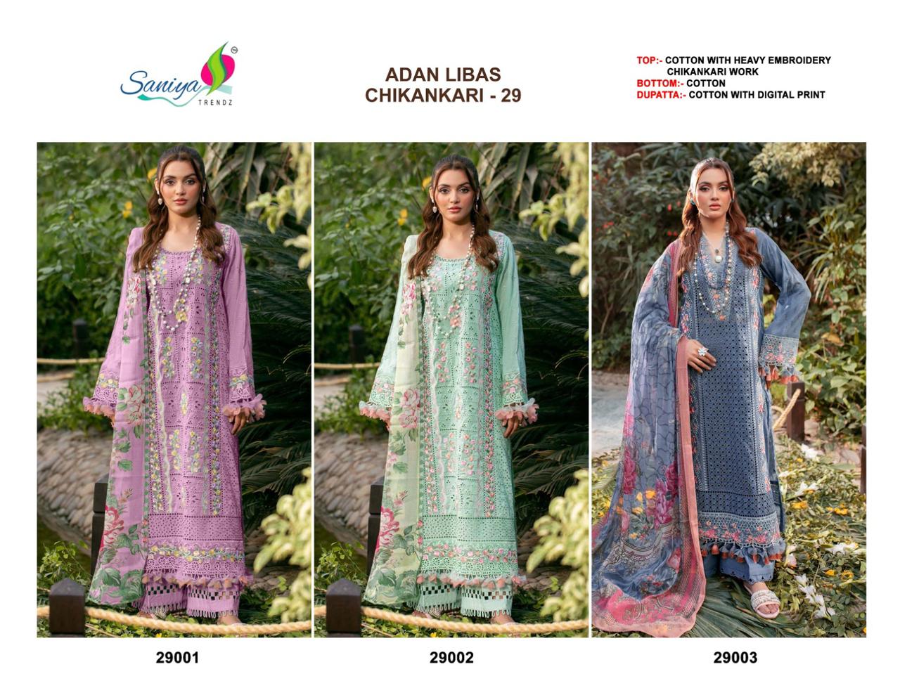 Adan Libas Chikankari 29 Saniya Trendz Cotton Pakistani Salwar Suits Supplier