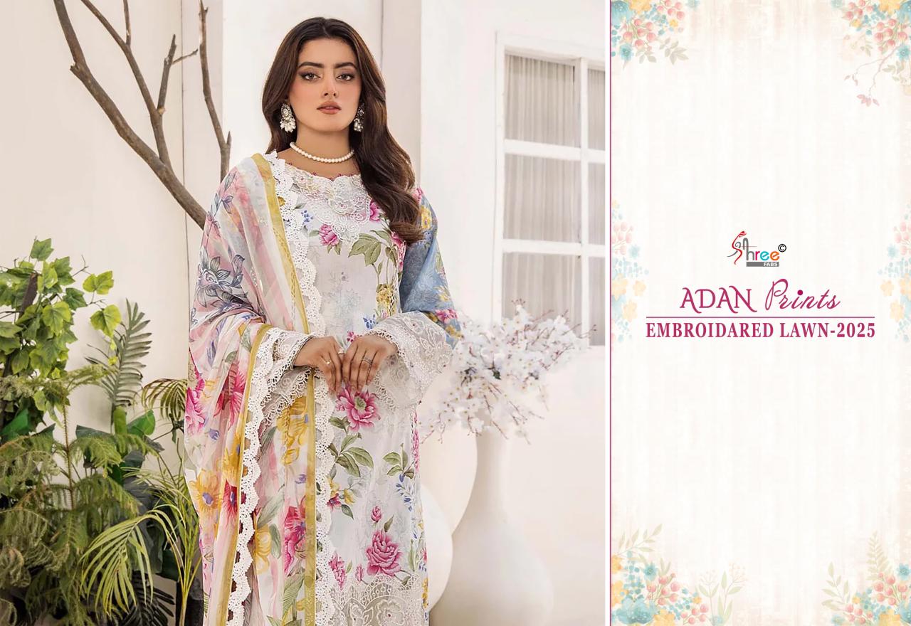Adan Prints Embroidared Lawn 2025 Shree Fabs Cotton Pakistani Patch Work Suits Supplier