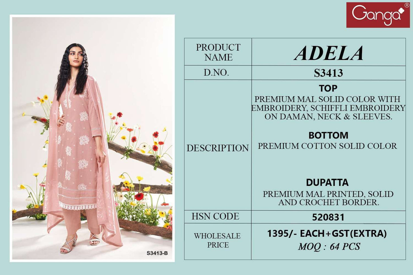 Adela 3413 Ganga Premium Plazzo Style Suits Wholesale