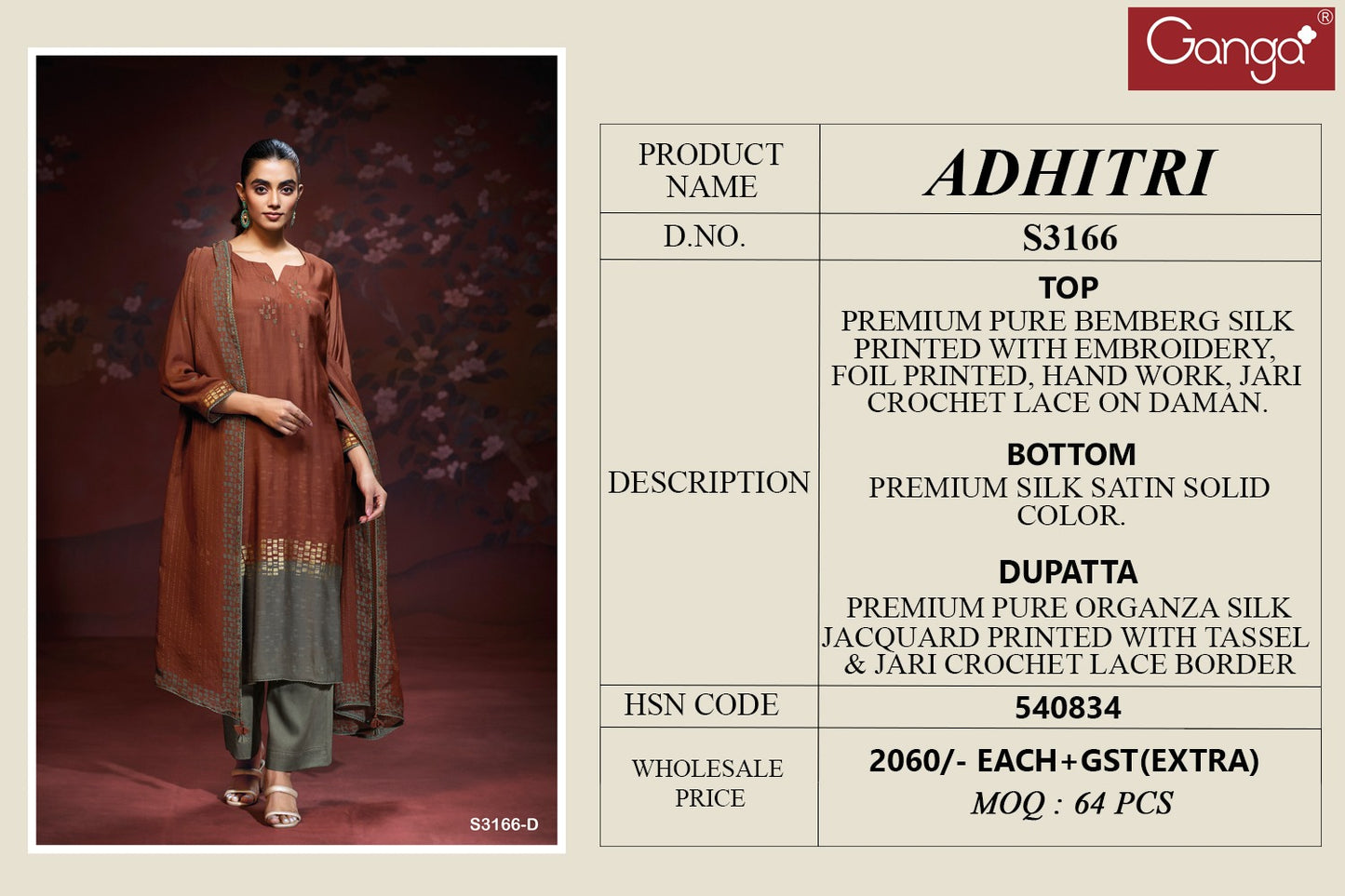 Adhitri 3166 Ganga Premium Bemberg Plazzo Style Suits Manufacturer
