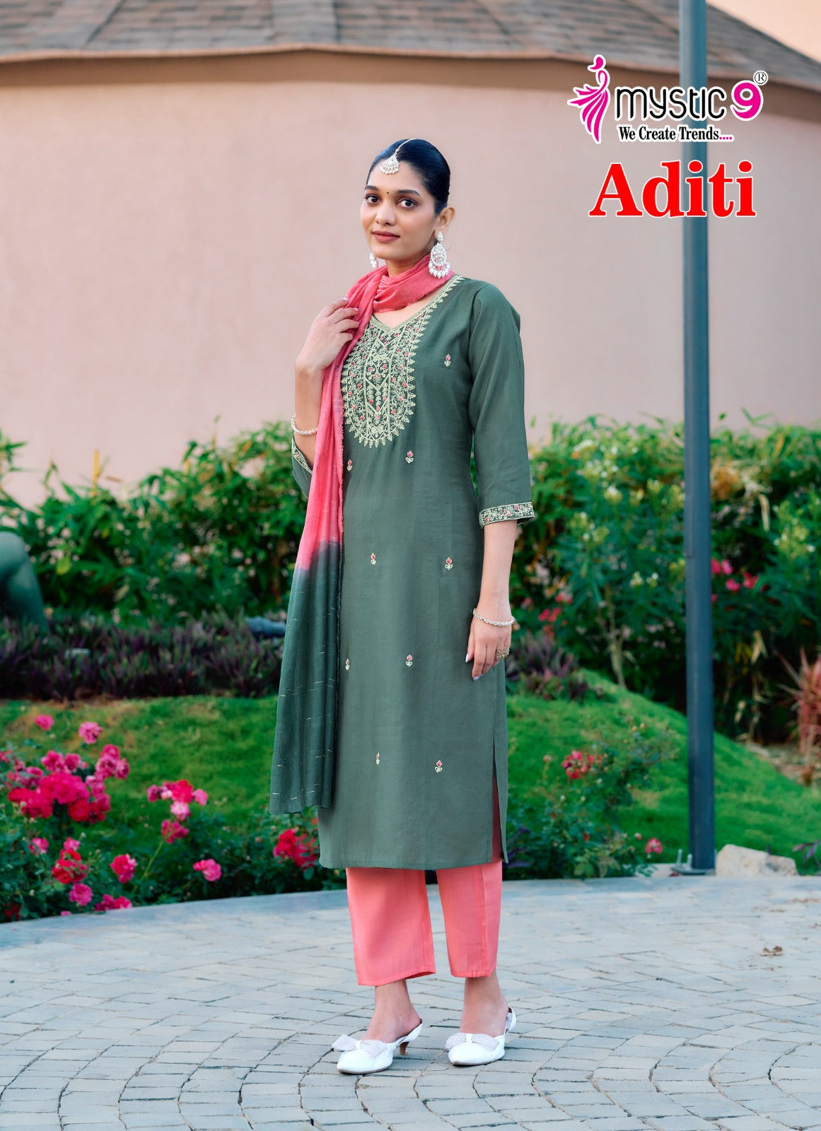 Aditi Vol 1 Mystic 9 Roman Silk Readymade Pant Style Suits Supplier Ahmedabad