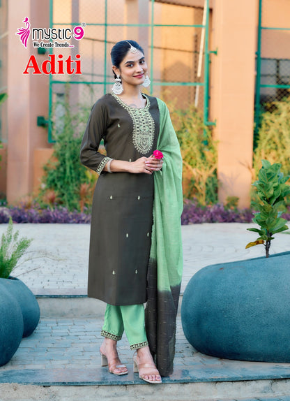 Aditi Vol 1 Mystic 9 Roman Silk Readymade Pant Style Suits Supplier Ahmedabad