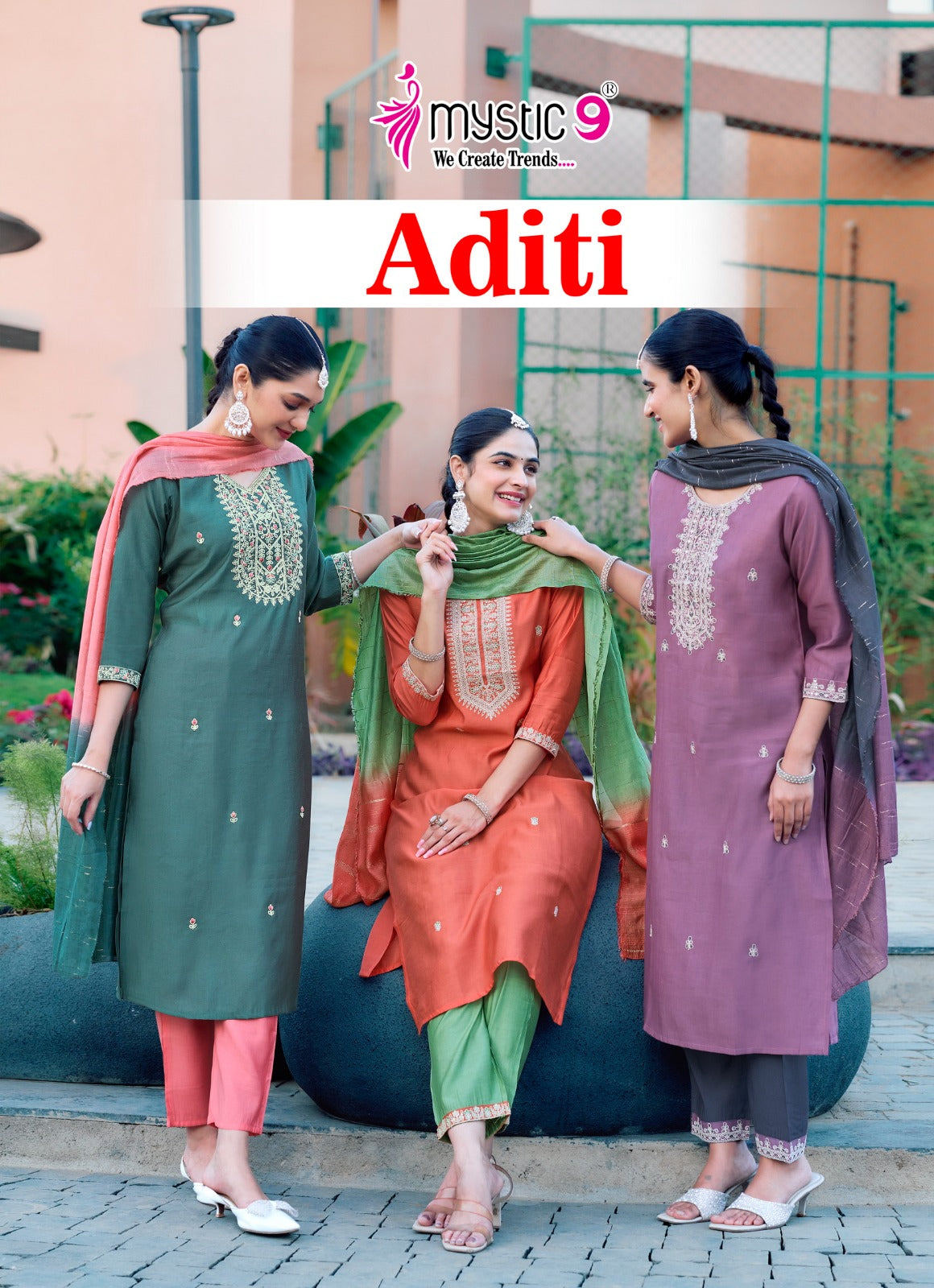 Aditi Vol 1 Mystic 9 Roman Silk Readymade Pant Style Suits Supplier Ahmedabad