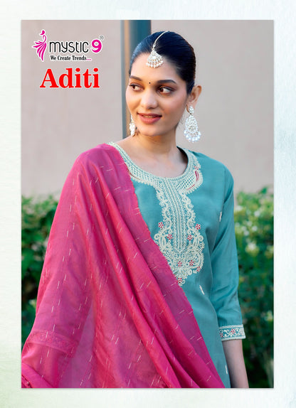 Aditi Vol 1 Mystic 9 Roman Silk Readymade Pant Style Suits Supplier Ahmedabad