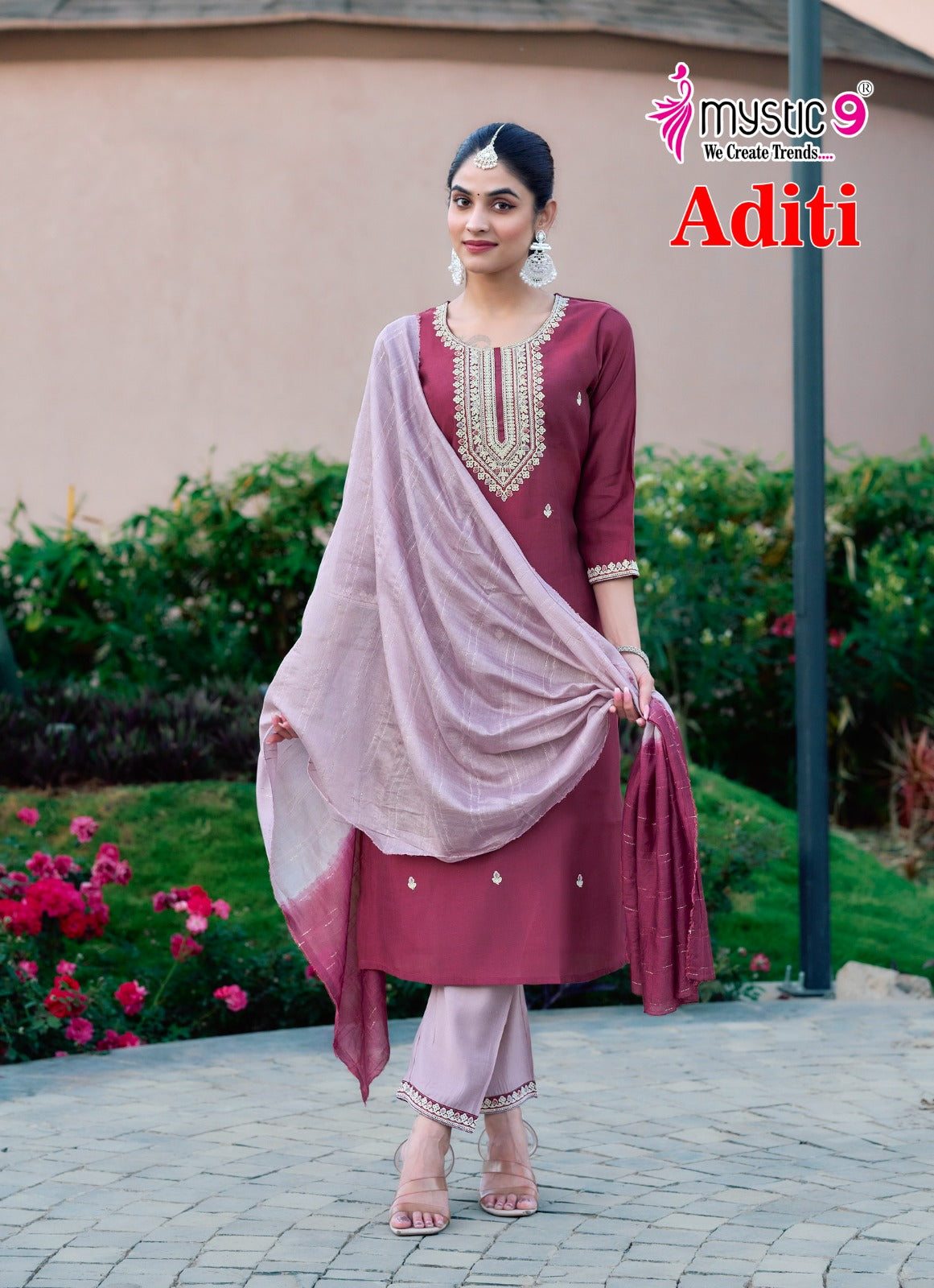 Aditi Vol 1 Mystic 9 Roman Silk Readymade Pant Style Suits Supplier Ahmedabad