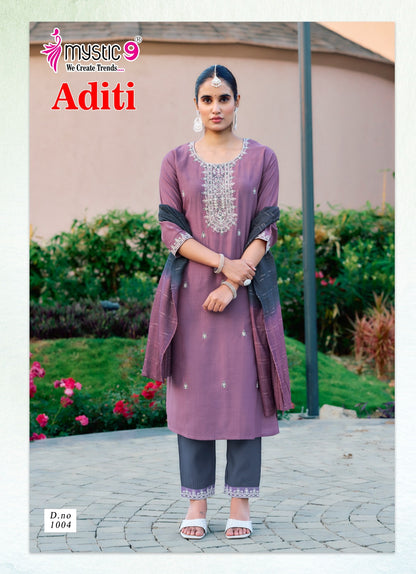 Aditi Vol 1 Mystic 9 Roman Silk Readymade Pant Style Suits Supplier Ahmedabad