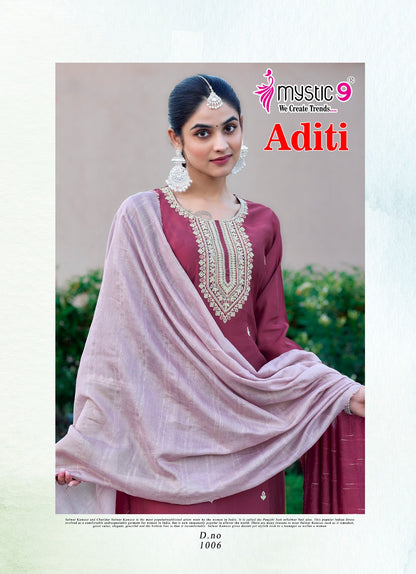 Aditi Vol 1 Mystic 9 Roman Silk Readymade Pant Style Suits Supplier Ahmedabad